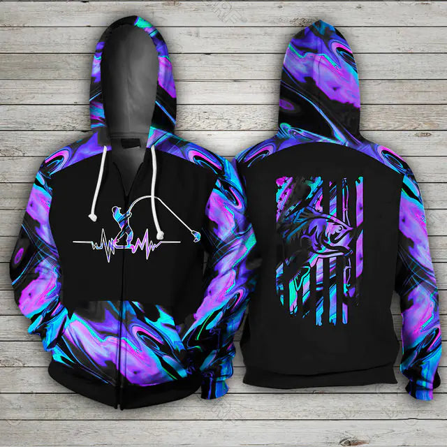 3D Printed Love Fishing Zip Hoodie for Men/Women