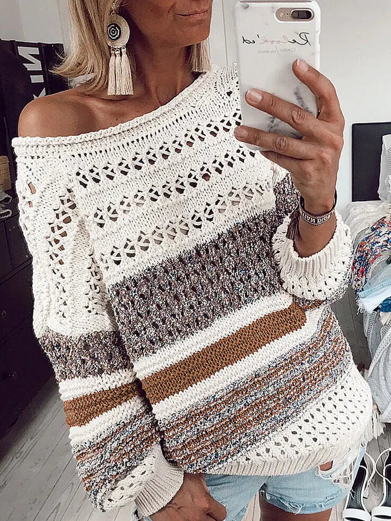 Women's Floral Knit Sweater - Loose Hollow Design