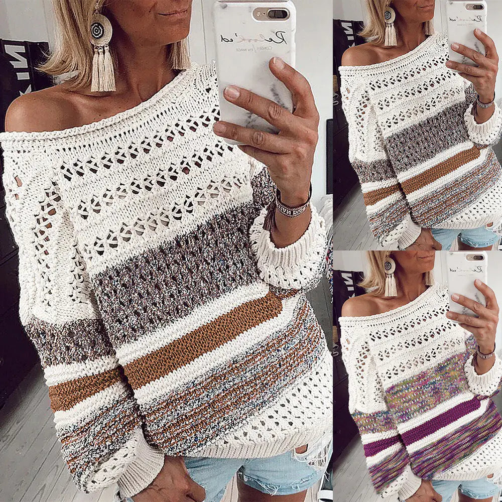 Women's Floral Knit Sweater - Loose Hollow Design