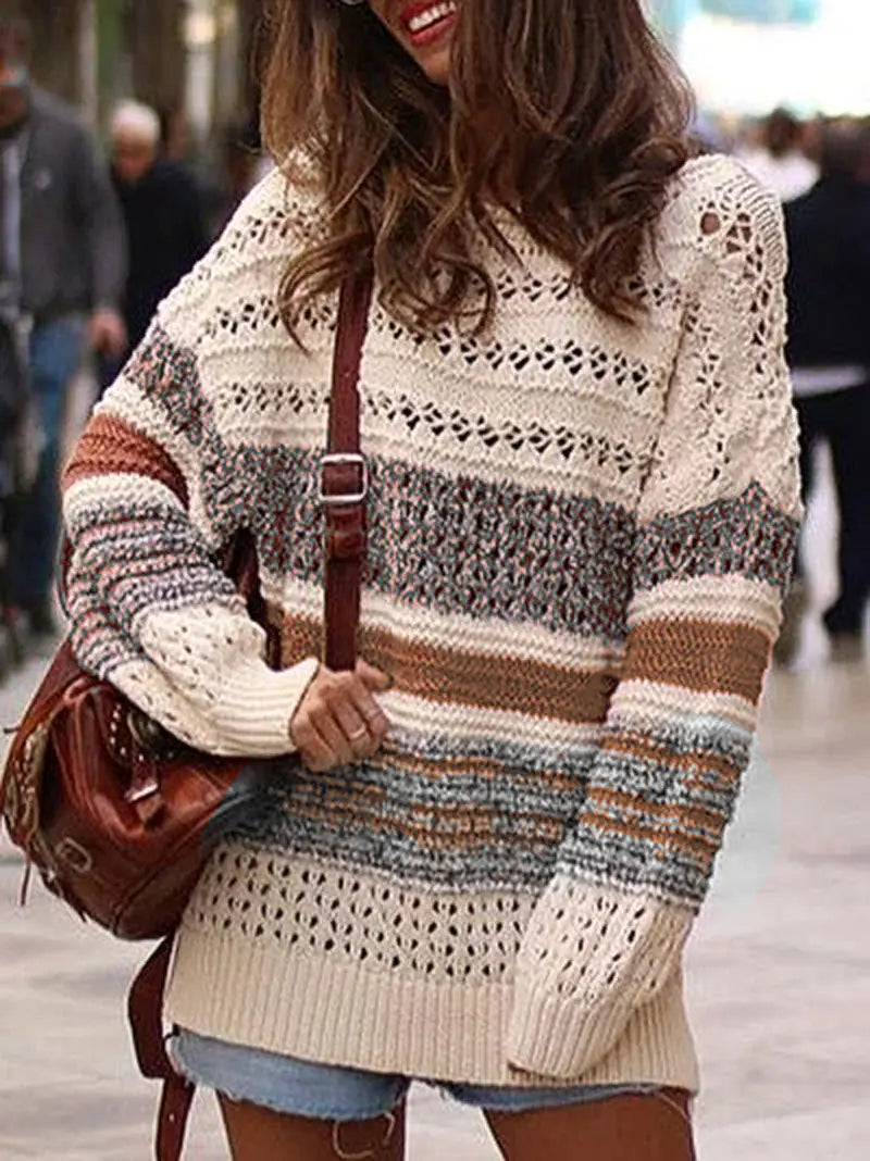 Women's Floral Knit Sweater - Loose Hollow Design