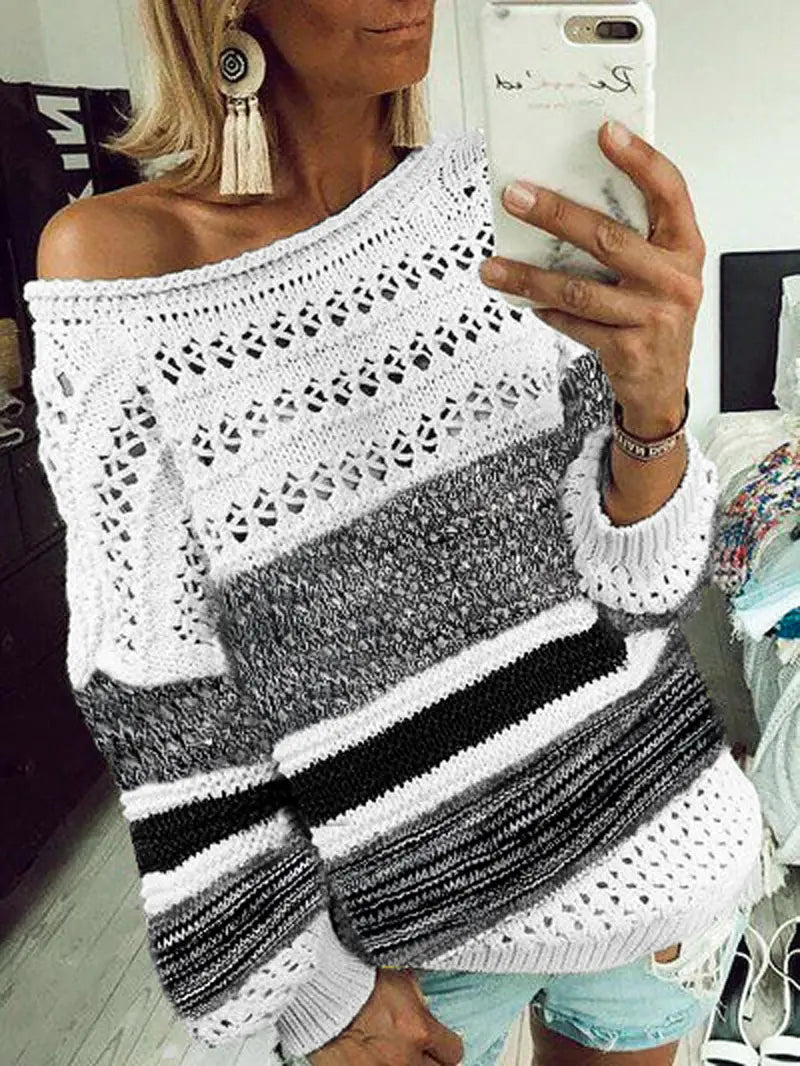 Women's Floral Knit Sweater - Loose Hollow Design