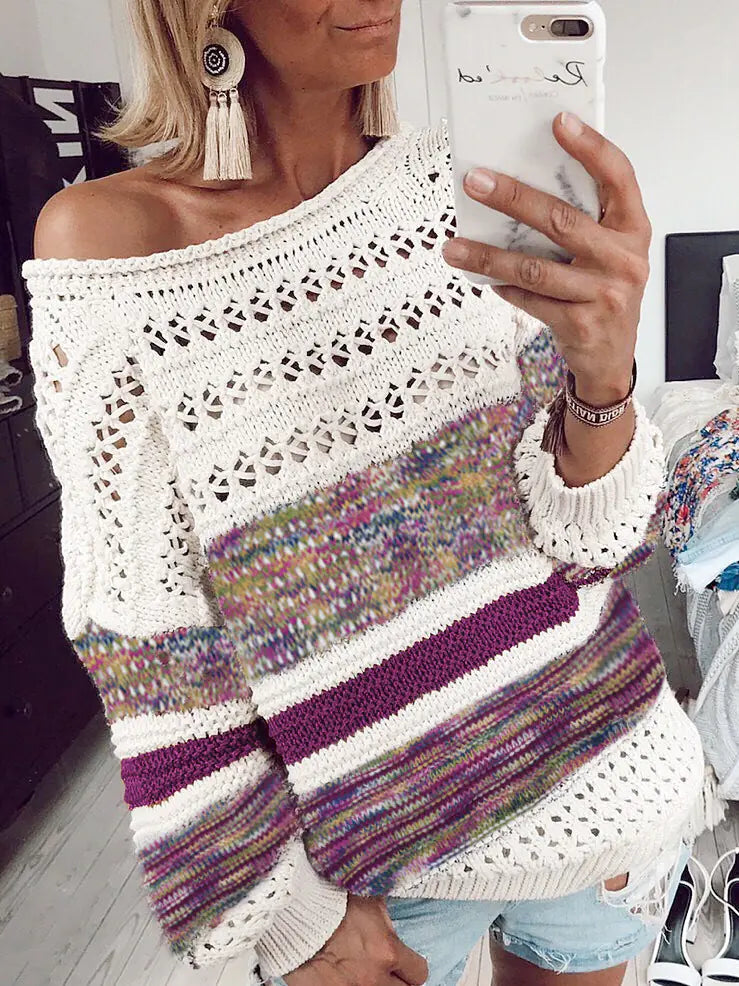 Women's Floral Knit Sweater - Loose Hollow Design
