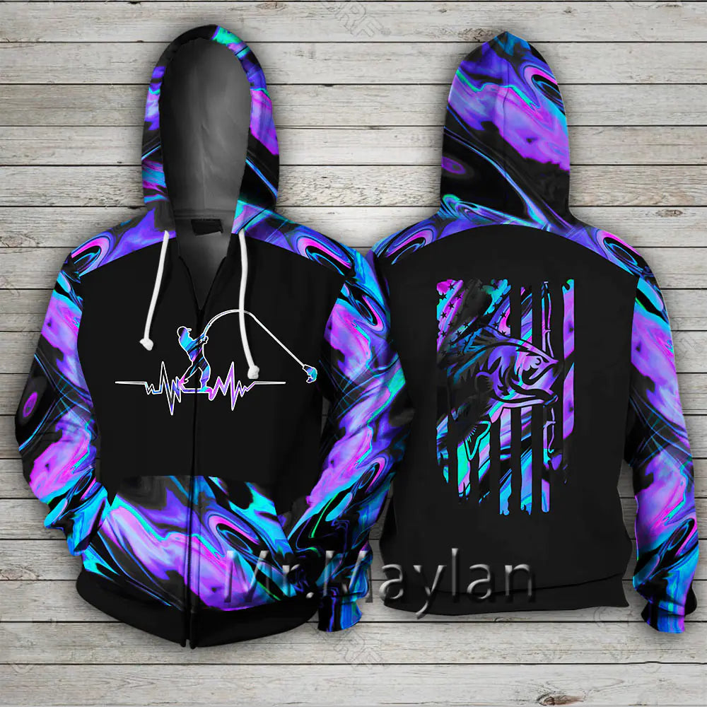 3D Printed Love Fishing Zip Hoodie for Men/Women