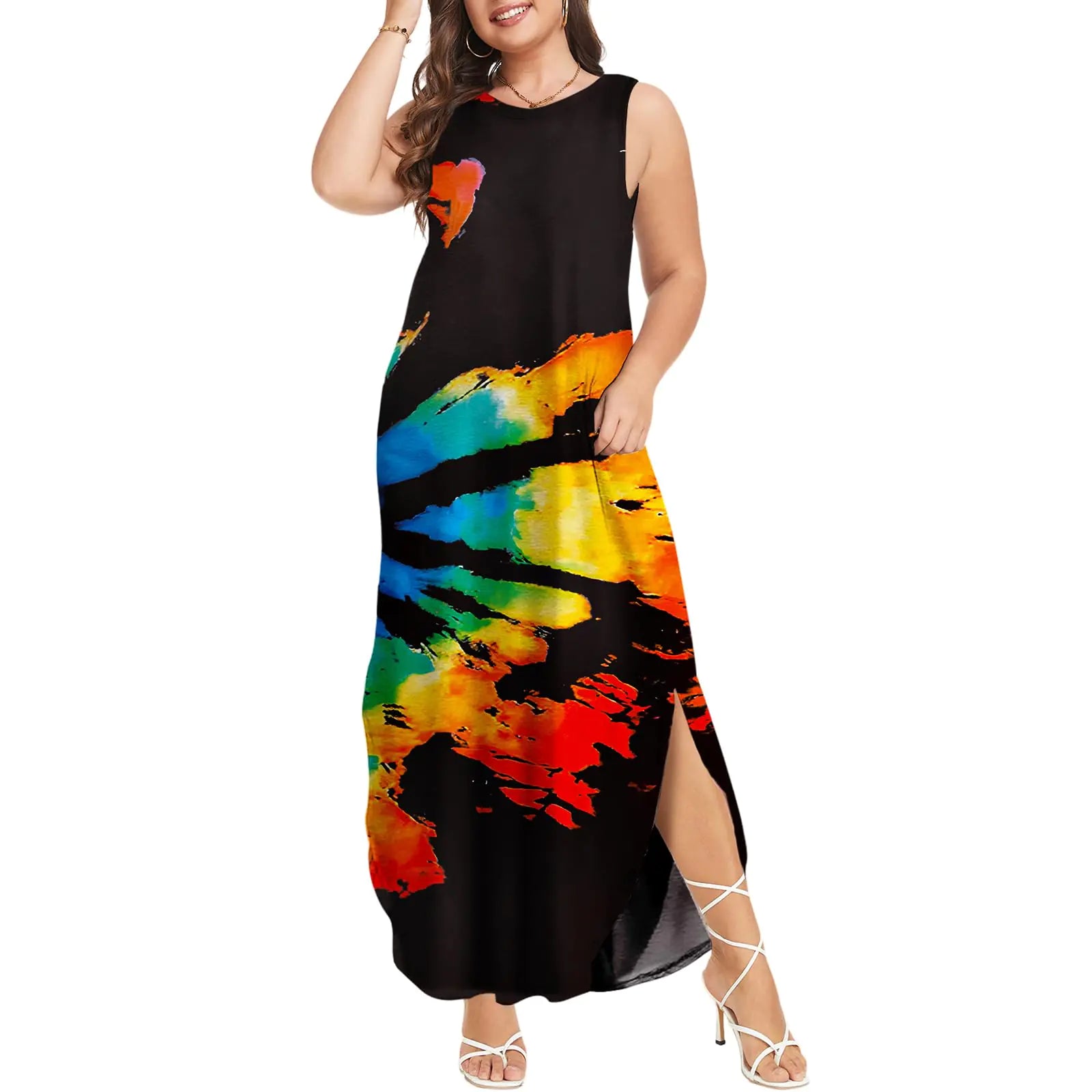Wolddress Womens 2024 Plus Size Sleeveless Tank Dress Casual Loose Sundress Split Summer Beach Long Maxi Dresses with Pockets Tie Dye Rainbow S